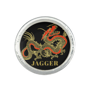 Red Guld Black Fantasy Chinese Dragon Monogram Ring