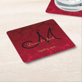 Red Guld Black jul Winter Wedand Monogram Underlägg Papper Kvadrat