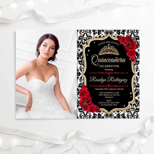 Red Guld Black Photo Quinceanera Inbjudningar (Skapare uppladdad)