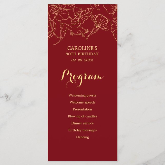 Red Guld Blommigt Birthday Program (Framsida)