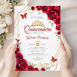 Red Guld Blommigt Chic Quinceanera Inbjudningar
