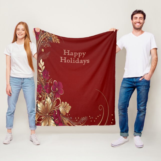 Red Guld Blommigt Helgdag Fleece Blanket (På plats)