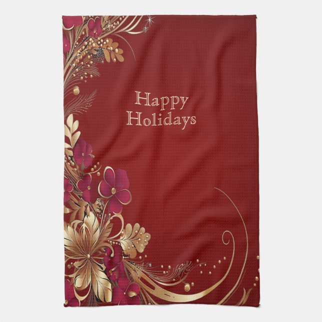 Red Guld Blommigt Helgdag Kitchen Towel Kökshandduk (Vertikal)