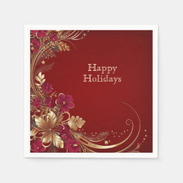 Red Guld Blommigt Helgdag Napkin Pappersservett