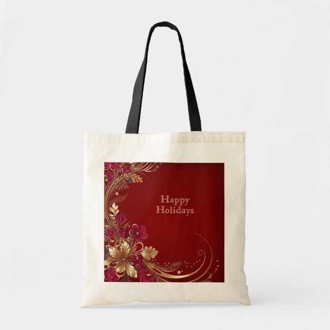 Red Guld Blommigt Helgdag Tote Bag Tygkasse (Framsidan)