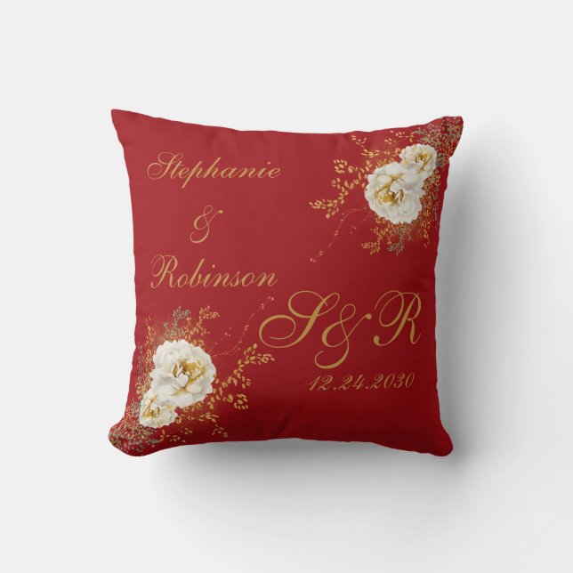 Red Guld Blommigt Monogram Logotyp Bröllop Kudde (Framsida)