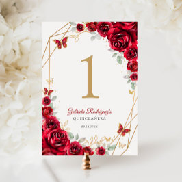 Red Guld Blommigt Quinceanera Bordsnummer