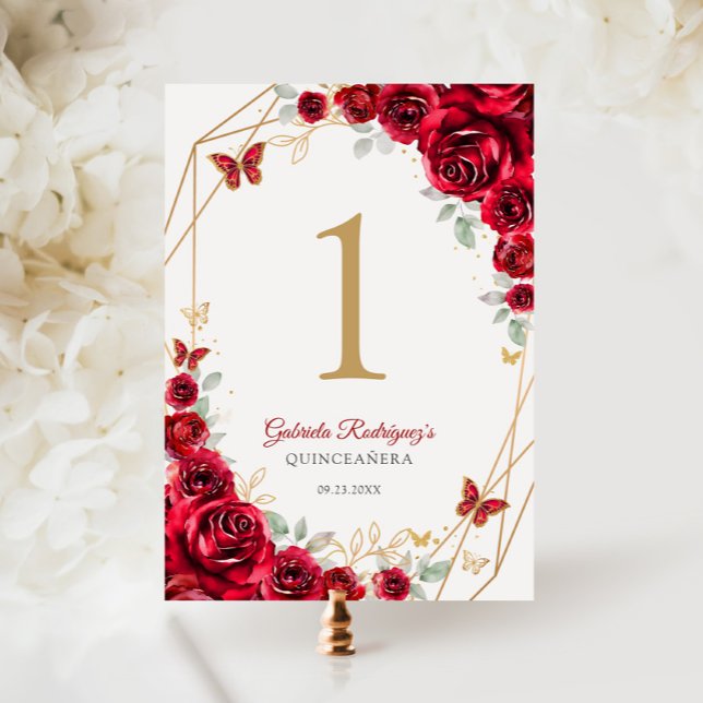 Red Guld Blommigt Quinceanera Bordsnummer (Skapare uppladdad)