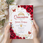 Red Guld Blommigt Quinceanera Inbjudningar<br><div class="desc">Röd,  guld och vit inbjudan till Quinceanera firande. Funktioner,  typsnitt för skript,  guld,  vattenfärg,  ro och tiara. Perfekt för en elegant prinsessan stil glam firande. Anpassa med dina egna detaljer. Skrivna Zazzle-inbjudningar eller digital utskrivbar mall för omedelbar nedladdning.</div>