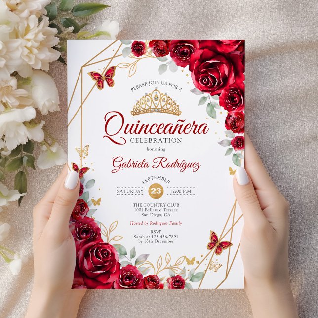 Red Guld Blommigt Quinceanera Inbjudningar (Skapare uppladdad)