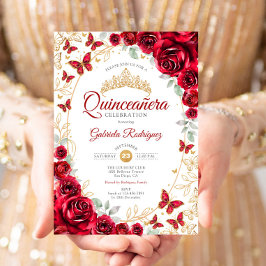 Red Guld Blommigt Quinceanera Inbjudningar