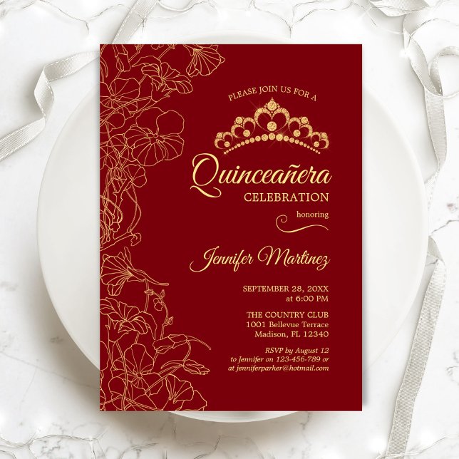 Red Guld Blommigt Quinceanera Party Inbjudningar (Skapare uppladdad)