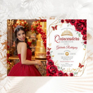 Red Guld Blommigt Quinceanera Photo Inbjudningar