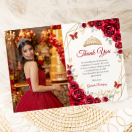 Red Guld Blommigt Quinceanera Photo Tack Kort