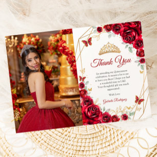 Red Guld Blommigt Quinceanera Photo Tack Kort