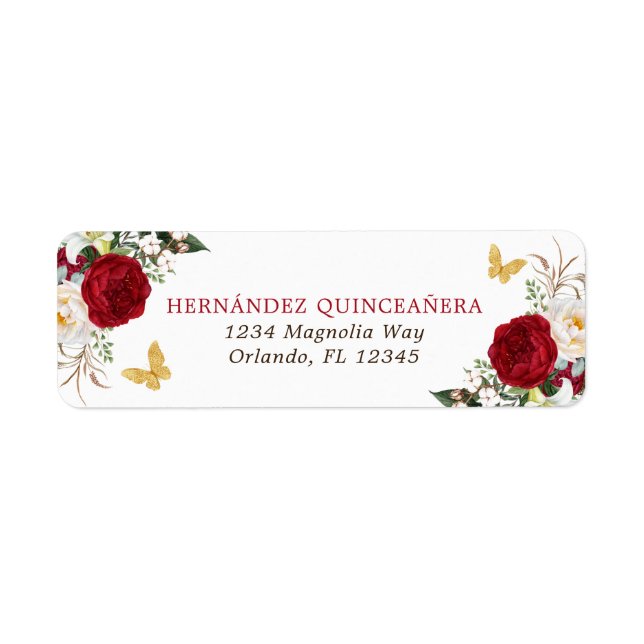 Red Guld Blommigt Quinceañera Returadress Etikett (Framsidan)