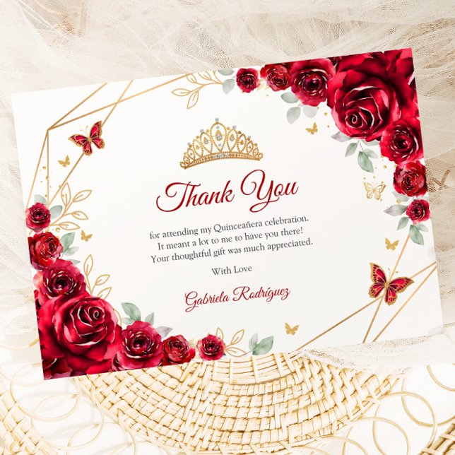 Red Guld Blommigt Quinceanera Tack Kort (Skapare uppladdad)
