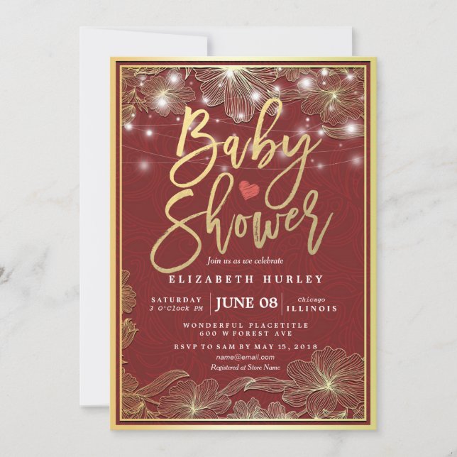 Red & Guld Blommigt Ram String Ljus Baby Shower Inbjudningar (Framsida)