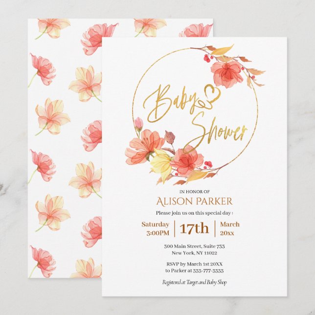 Red Guld Blommigt Watercolor Baby Shower Inbjudningar (Fram/baksida)