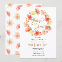 Red Guld Blommigt Watercolor Baby Shower Inbjudningar
