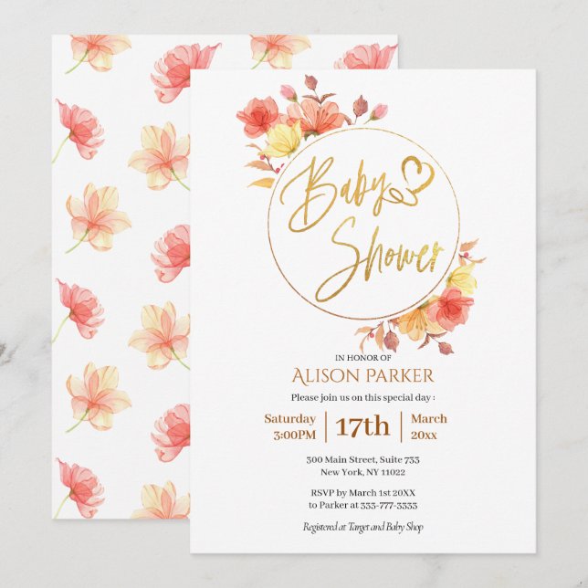 Red Guld Blommigt Watercolor Baby Shower Inbjudningar (Fram/baksida)