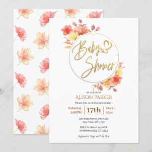 Red Guld Blommigt Watercolor Baby Shower Inbjudningar