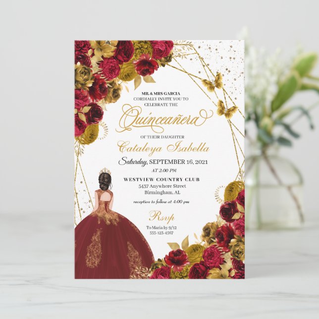 Red Guld Butterfly Princess Quinceanera Inbjudningar (Stående Fram)