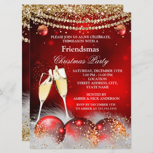 Red Guld Champagne Friendsmas jul Party Inbjudningar (Fram/baksida)