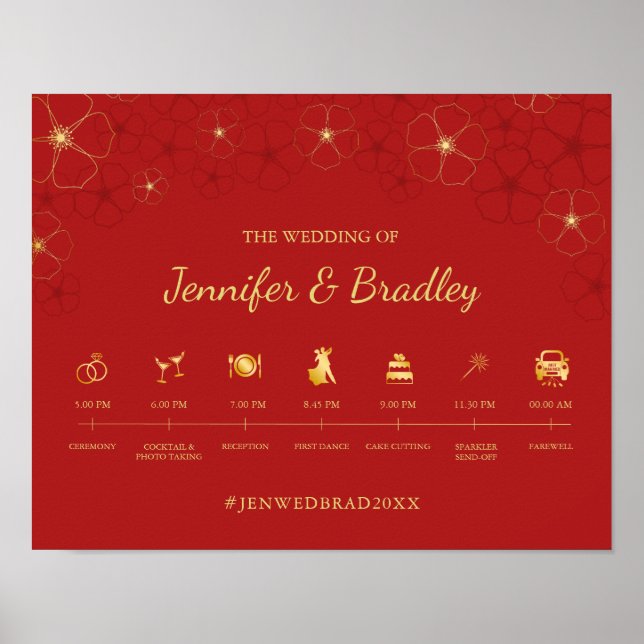 Red Guld Cherry Blommar Bröllop tidslinjesignatur Poster (Framsidan)