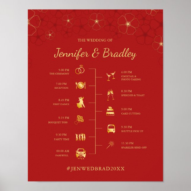 Red Guld Cherry Blommar Bröllop tidslinjesignatur Poster (Framsidan)