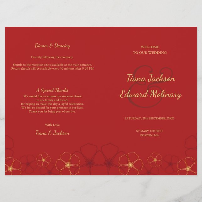 Red Guld Cherry-Blommar, mappat Bröllopsprogram (Framsida)