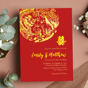Red guld Chinees Dragon och Phoenix logotyp bröllo Inbjudningar