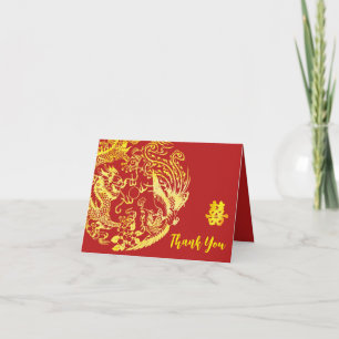 Red guld Chinese Dragon och Phoenix logotyp bröllo Tack Kort