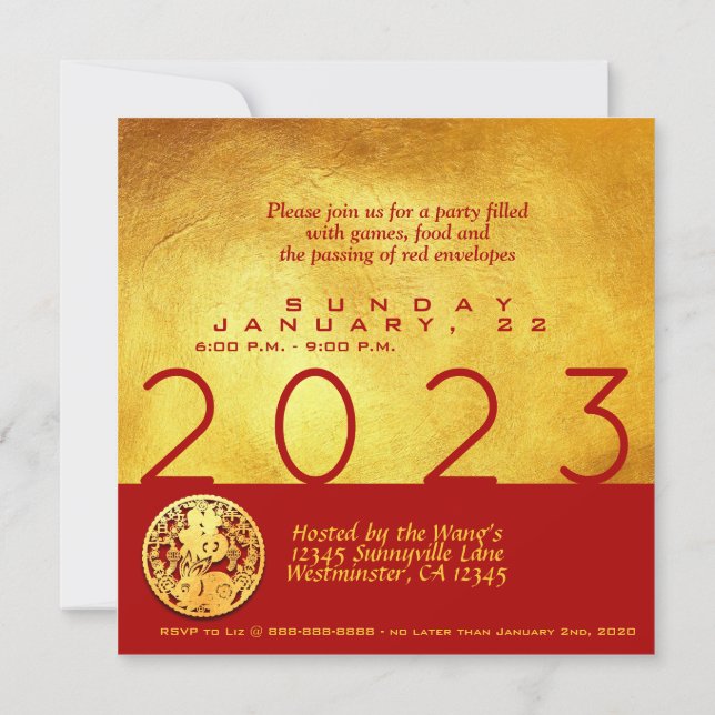 Red Guld Chinese Rabbit papercut 2023 Party SqInv Kort (Baksida)