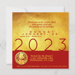 Red Guld Chinese Rabbit papercut 2023 Party SqInv Kort
