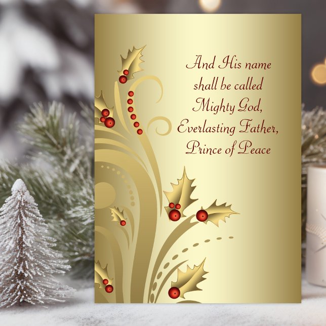 Red Guld Christian-julkort Helgkort (Christian Christmas card with elegant gold holly swirl and scriptures.)