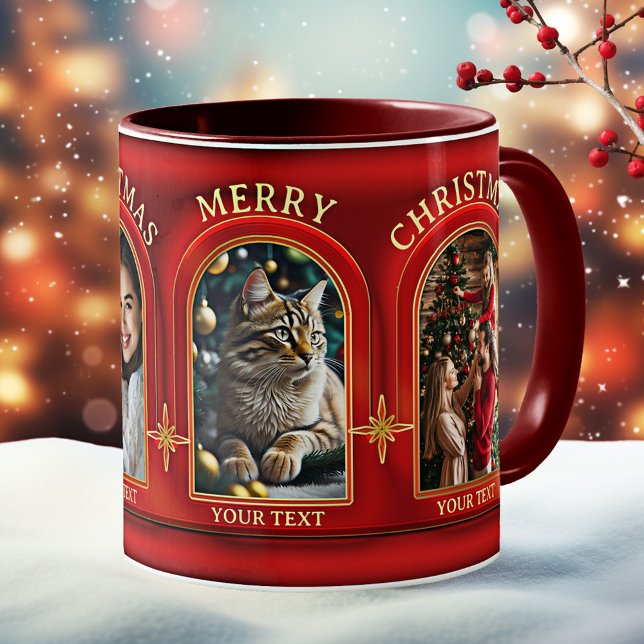 Red Guld Classic-julfoto Kaffemugg (Christmas mug featuring custom photos on a classic stylish red and gold design with gold snowflakes)