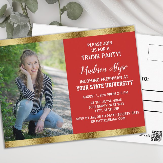 Red Guld College Trunk Studentfest Photo Vykort (Red and gold graduation Trunk Party photo invitation)
