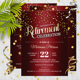 Red|Guld Confetti Pension Party-inbjudningar Inbjudningar