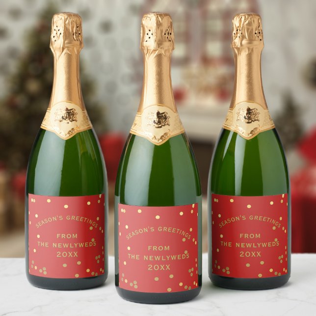 Red Guld Confetti Season Greetings Vin-etikett (Red and gold confetti wine labels for your Season's Greetings. Just add your name)