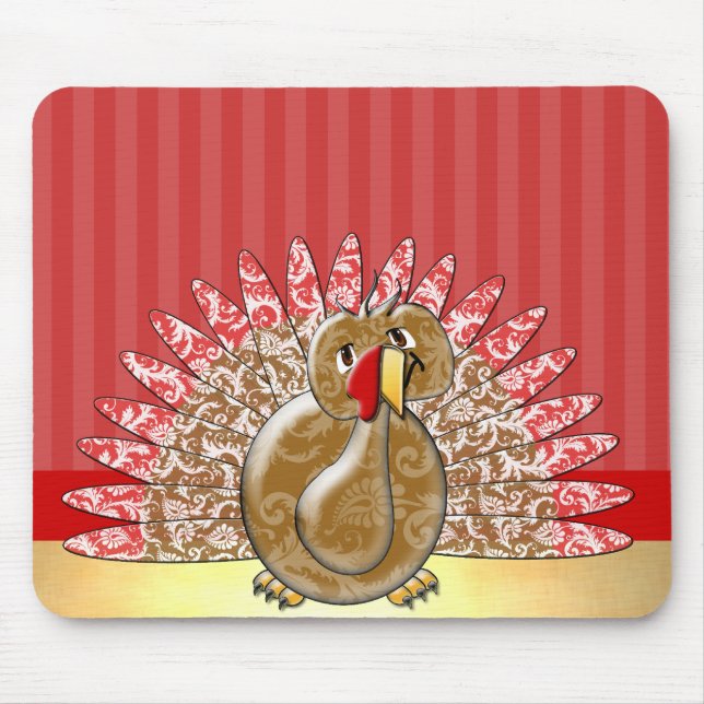 Red Guld Cute Tecknad Turkey Damask Pattern Musmatta (Framsidan)