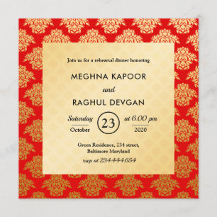 Red Guld Damask Pattern indisk repetitionsmiddag Inbjudningar