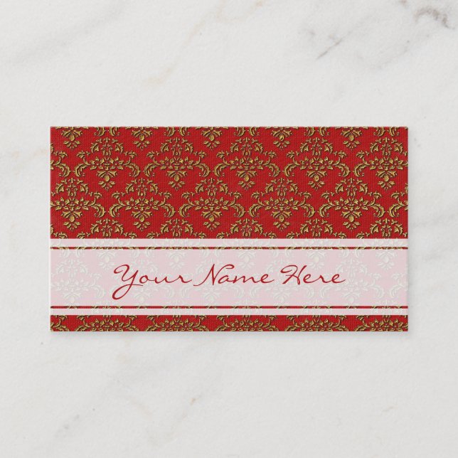 Red & Guld Damask Pattern Visitkort (Framsida)