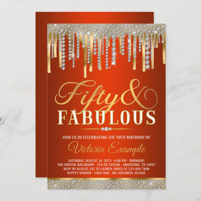 Red Guld Diamond Drip Fabulous 50 Födelsedagsfeste Inbjudningar (Fram/baksida)