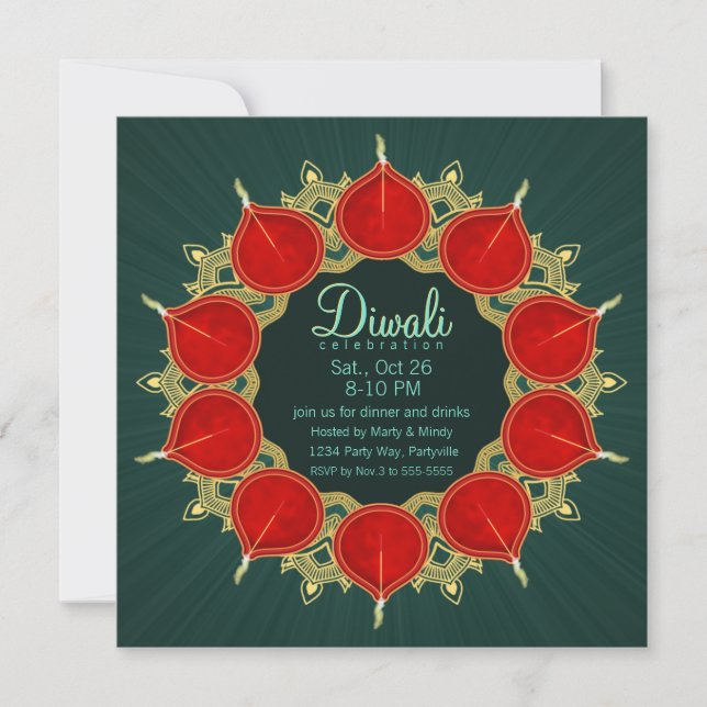 Red & Guld Diyas Mandala Diwali på Teal Inbjudningar (Framsida)