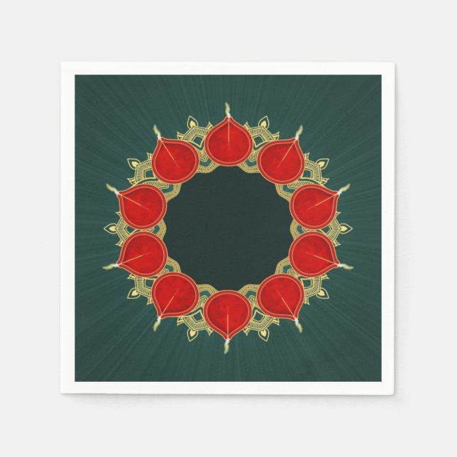 Red & Guld Diyas Mandala Diwali på Teal Pappersservett (Framsidan)