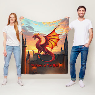 Red & Guld Dragon Guarding Castle Fleecefilt