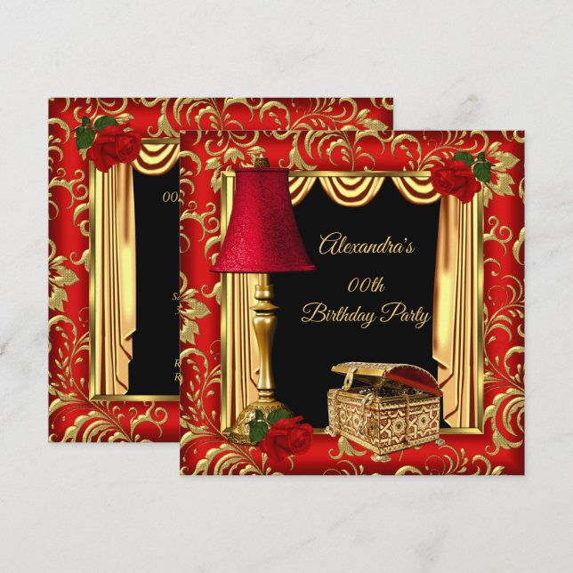 Red Guld Drapes Ro lampa jewel box Birthday Inbjudningar (Fram/baksida)