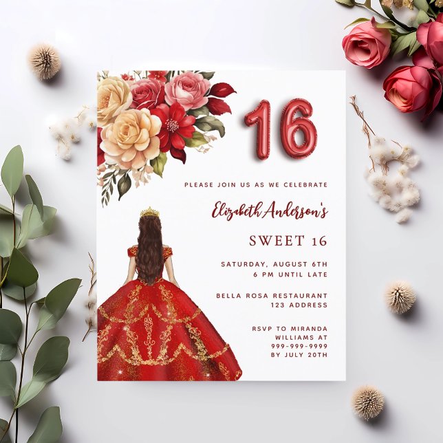 Red guld dress ro white Sweet 16 inbjudan (Skapare uppladdad)