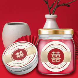 Red & Guld Dubbla Happiness Chinese Wedding Favor Runt Klistermärke